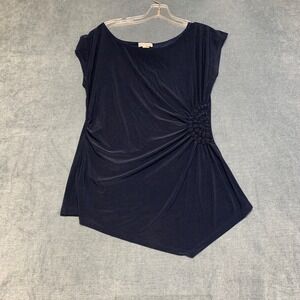 Bleeker & McDougal Blouse Top Womens Large Navy Blue Asymmetrical Hem Ruched